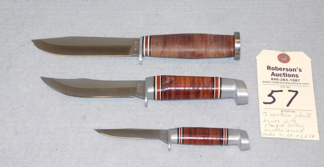 3 - Western Sheath Knives: 3 - Western Sheath Knives w/Stacked Leather Handles, Unused, Models 66, 71 & L628 in Excellent Cond. - 1- 3 1/2", 2 - 4 1/2"