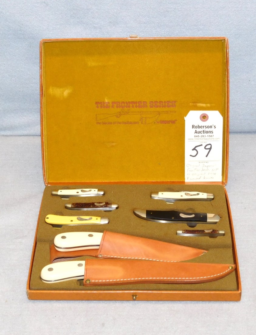 Original Imperial Frontier Series Knife Set: Original Imperial Frontier Series Knife Set in Original Display Case w/8 Unused Knives in Excellent Cond. - Knives Range from 3" to 10 1/2" w/Sheath, Case - 9 1/2x12x2"