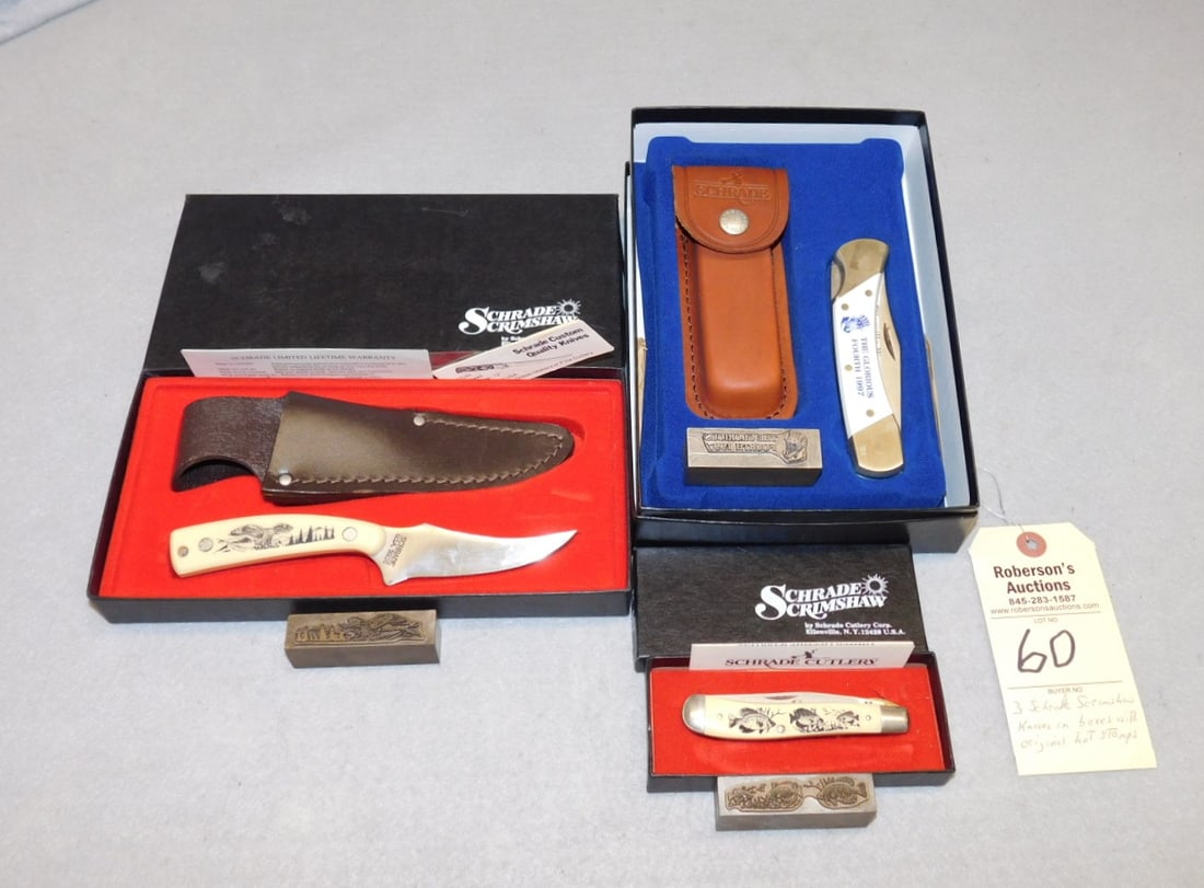 3 - Schrade Scrimshaw Knives: 3 - Schrade Scrimshaw Knives in Orig. Boxes w/Hot Stamps in VG Cond.. - Cases - 6x9x2"; 5x9 1/4x1"; 5 1/4x2 1/4x1"