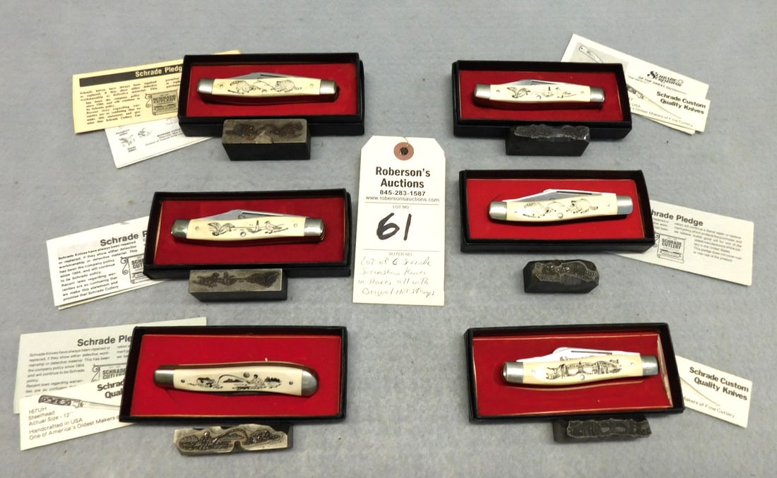 Lot of 6 Schrade Scrimshaw Knives: Lot of 6 Schrade Scrimshaw Knives , All w/Original Hot Stamps & Boxes in Excellent Cond. - All 6 Cases - 2 1/2x5 1/4x1"' 6 Stamps - 2 1/4x1x1"