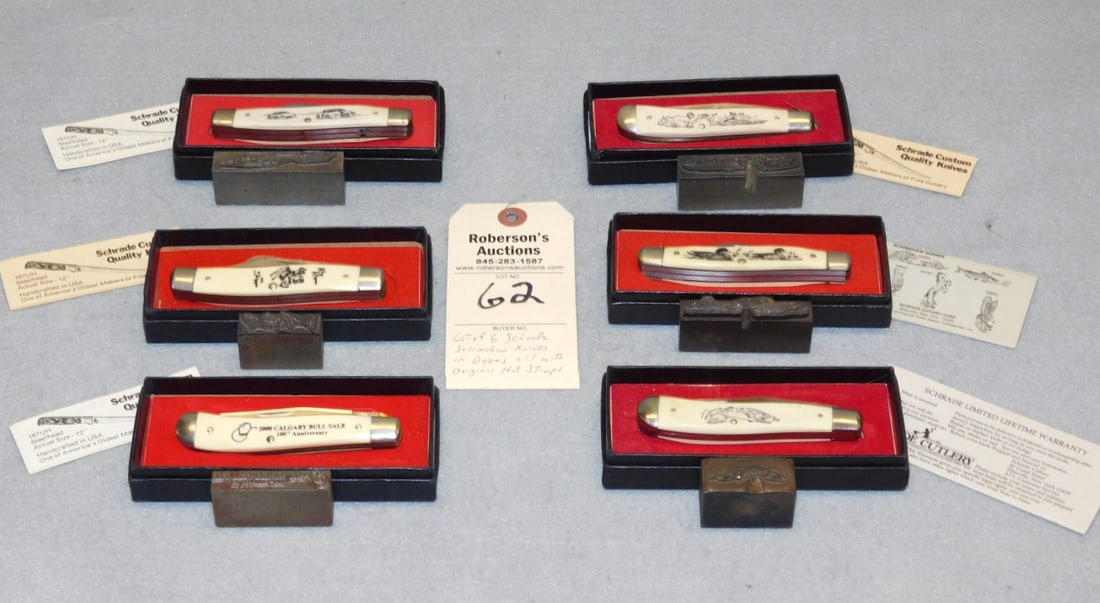 6 - Schrade Scrimshaw Knives: 6 - Schrade Scrimshaw Knives w/Original Hot Stamps & Boxes in Excelllent Cond. - All 6 Cases - 2 1/4x5 1/4x1"; Stamps - 2 1/2x1x1"