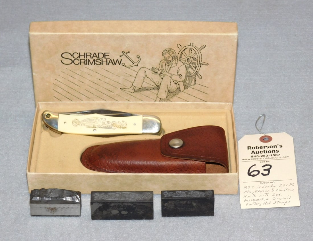 1977 Schrade Mayflower Scrimshaw Knife: 1977 Schrade Mayflower Scrimshaw Knife 261SC w/Orig. Hot Stamp w/Sheath & Box in Excellent Cond. - Case - 5x9x1 1/2"; Stamps 2 1/2x1x1"