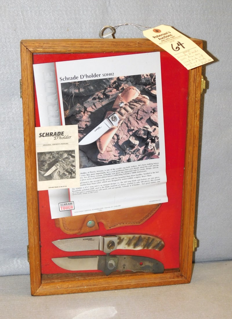 Schrade 2004 Ram's Horn Sheath Knife: Schrade D'Holder 2004 Ram's Horn Sheath Knife w/Original Sheath & Blade Blank in Display Box in VG Cond. - Case - 12x18x3 1/2"
