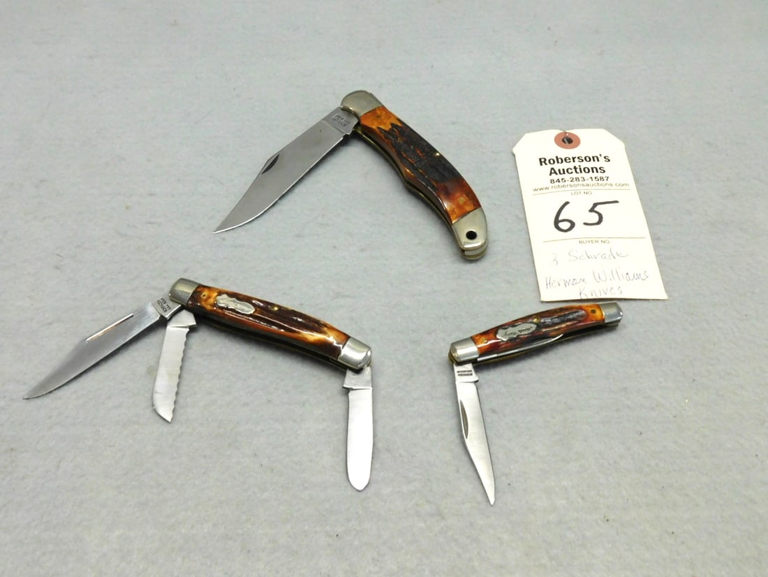 3 - Schrade Herman Williams Knives: 3 - Schrade Herman Williams Custom Knives: 1 - 5 1/4" SC500 Liner Lock Hunter w/Stag Handles; 1 - 4" 885UH Stockman w/Stag Handles; 1 - 3 1/4" 833UH Stockman w/ Stag Handles in VG Cond.