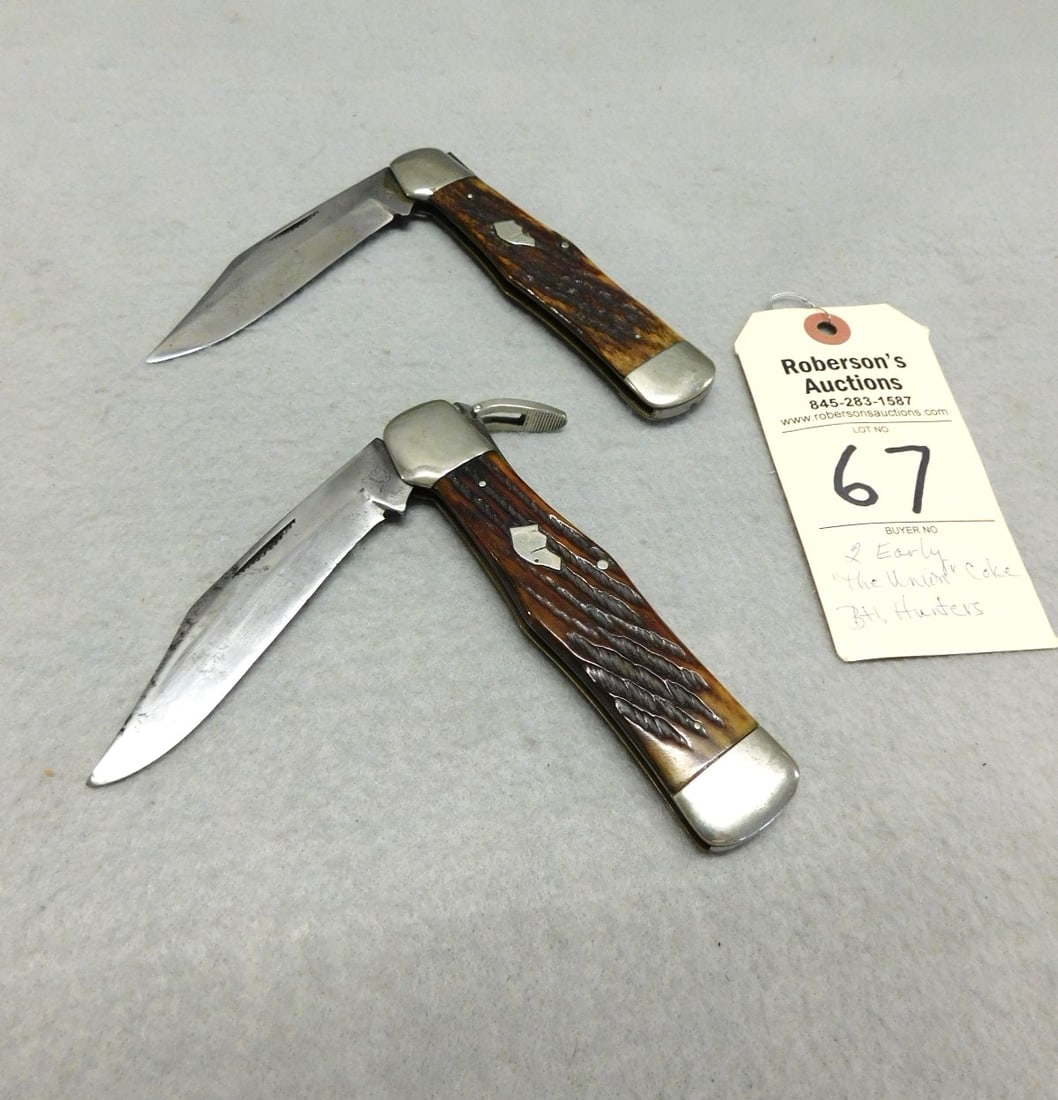 2 - Early "The Union" Knife Co. Knives: 2 - Early "The Union" Knife Co. 5 1/4" Coke Bottle Hunter Knives, Both w/Bone Handles:1 - Slipjoint w/ Center Pin Crack Mark Side; 1 - Backlock w/Center Pin Crack Pile Side, Both Cracks are Tight & St