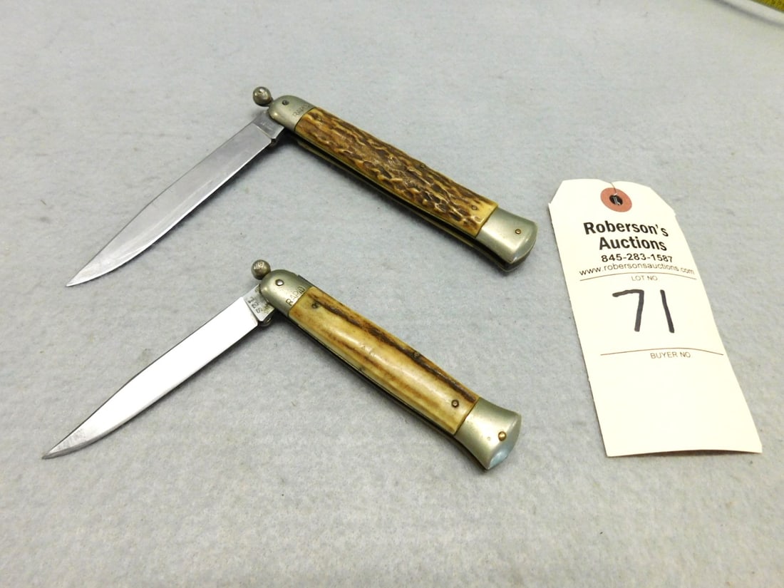 2 - Rapid Thumb Stud Opening Knives: 2 - Rapid Thumb Stud Opening Knives: 1 - 5 1/4" w/Stag Handles, No Cracks, Doesn't Lock; 1 - 4 1/8" w/Stag Handles, No Cracks, Locks TIght in VG Cond.