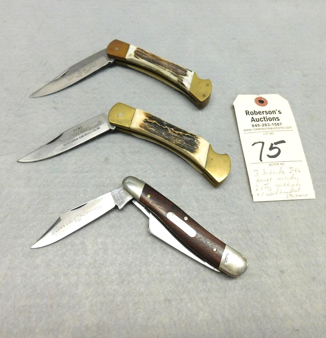 3 - Schrade IXL Knives: 3 - Schrade IXL Knives: 2 - Stag Lockbacks & 1 - Wooden Handle Stockman, Both 5" in VG Cond.