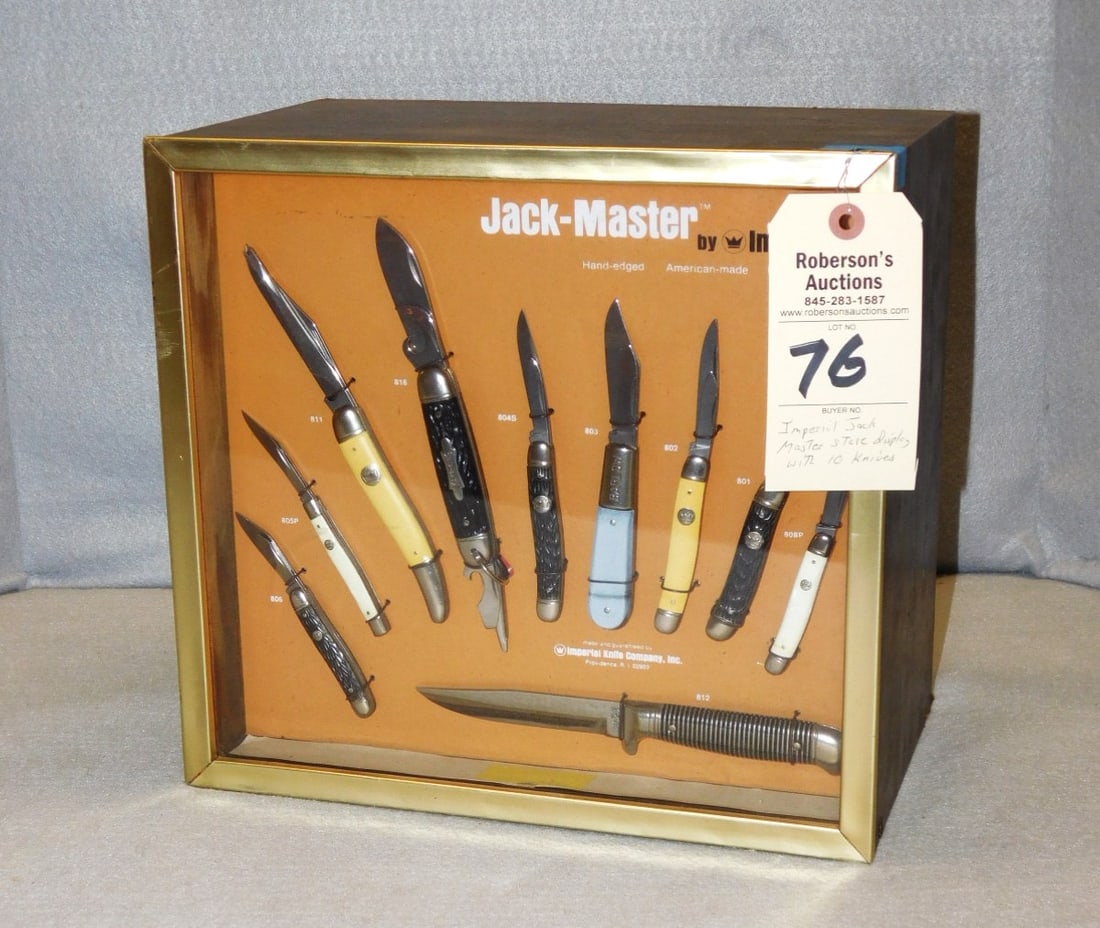 Imperial Jackmaster Store Display: Imperial Jackmaster Store Display w/10 Knives in VG Cond. , Case - 13x12x7 3/4" ; Knives Range in Sz. from 2 1/2 to 8"