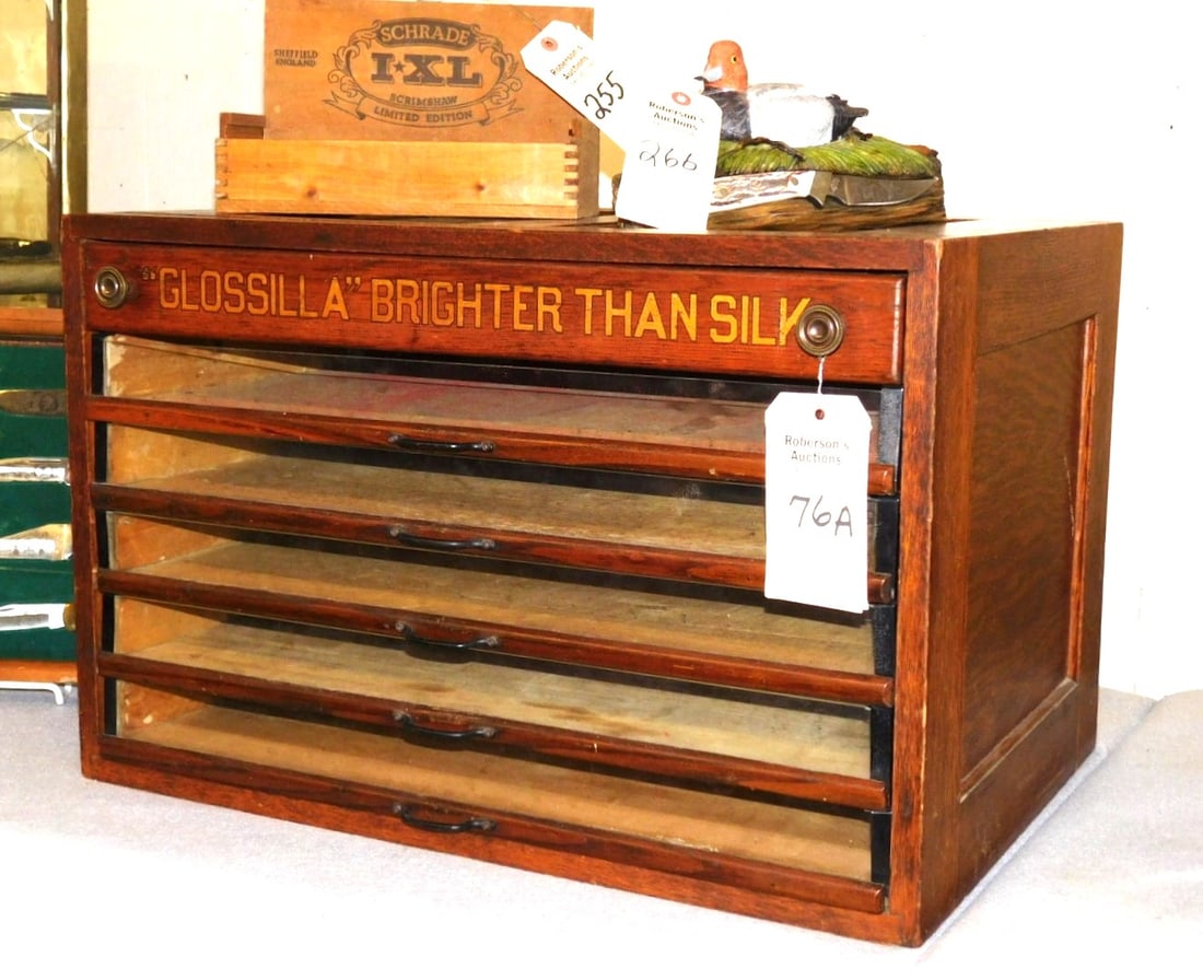 Glossilla Brighter Than Silk"Thread Cabinet: Glossilla Brighter Than Silk" Thread Oak 6 Drwr. Counter Cabinet w/Glass Fronts in GD Cond. - 17" x 25" x 16"