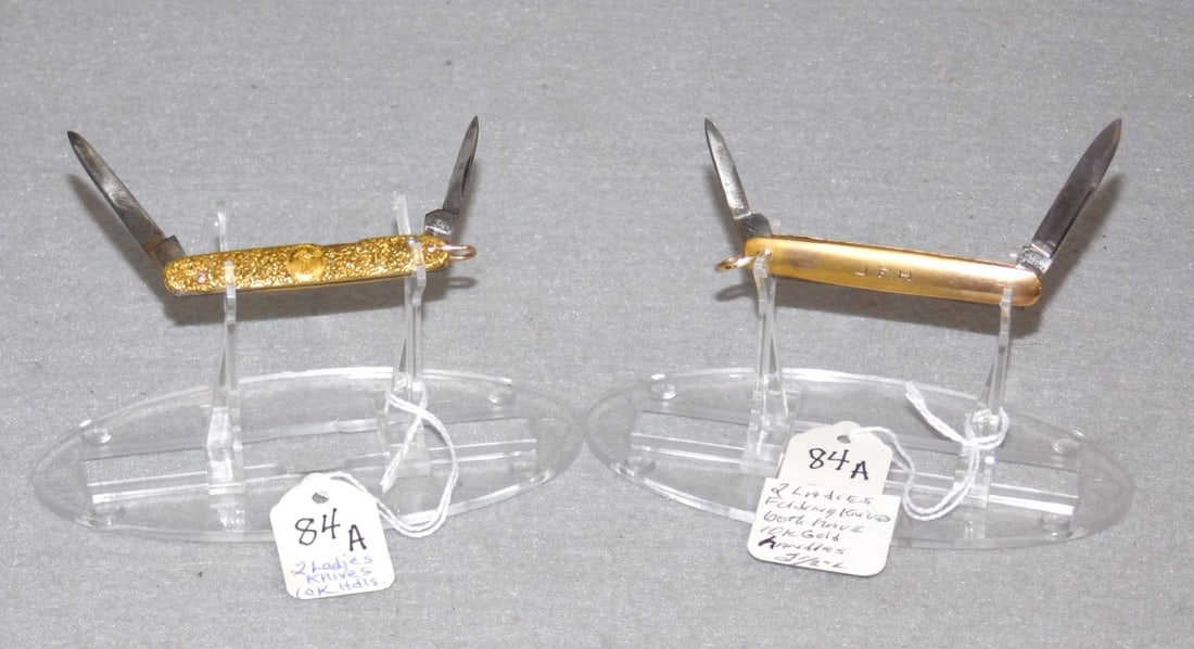 2 Sm. Ladies Folding Knives: 2 Sm. Ladies Folding Knives By European Makers,1) Wadsworth & Son, 1) Geo. Wostenholm w/ 1/16 ct. Diamond, Both Have 10K Gold Handles, Both 2 1/2" in GD Cond.