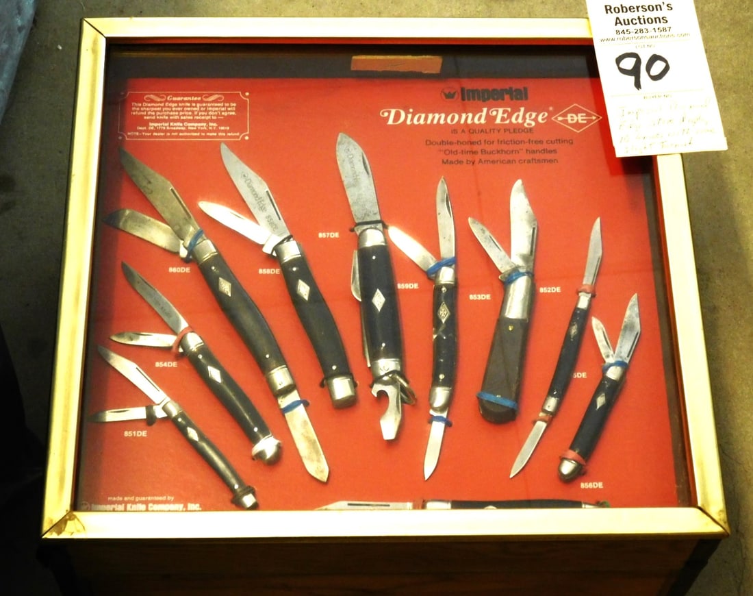 Imperial Diamond Edge Store Display: Imperial Diamond Edge Store Display w/10 Knives - Slight Tarnishing in Gd. Cond. - Case 13x12x4 1/4"; Knives Ranging From 3 - 4"