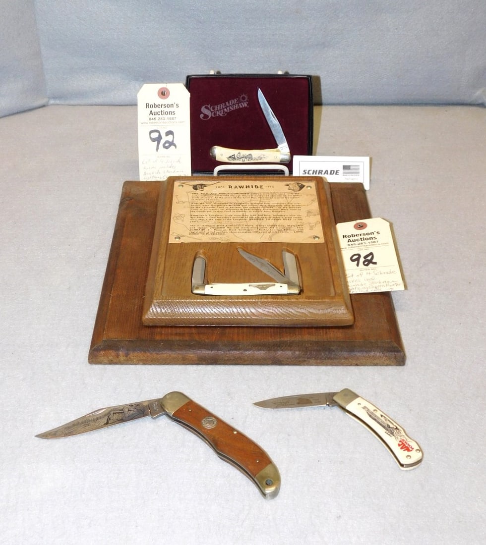 4 - Schrade Knives: 4 - Schrade Knives Incl. 1975 Rawhide Stockman, Lightning Express Hunter, Moby Dick & Don Prudhomme in VG Cond. - Knives Ranging From 4 - 5 1/2"