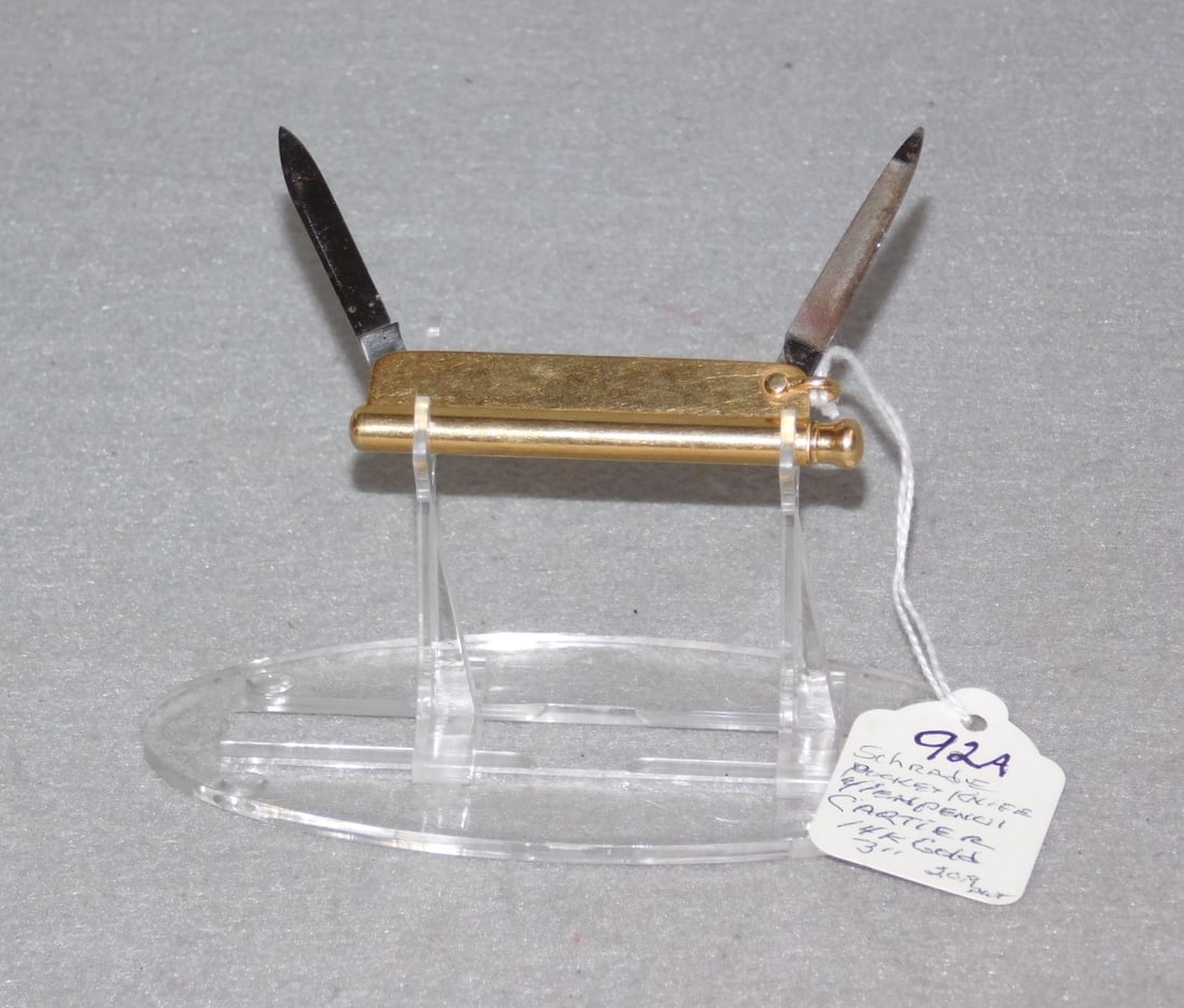14K Cartier Lady's Pocketknife: 14K Gold Folding Schrade Cartier Lady's 3" Pocketknife w/Lead Pencil - 20.9dwt. in VG Cond.