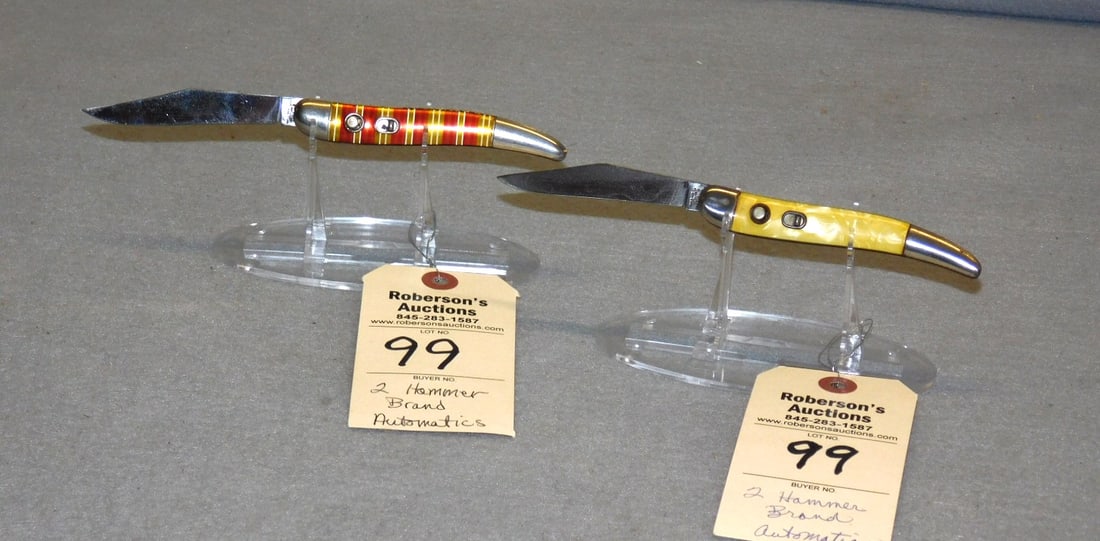 2 - Hammer Brand Automatic Knives: 2 - Hammer Brand Automatic Knives: 1- Candy Stripe Celluloid Knife w/Guard; 1 - Celluloid, Both Work Well in VG Cond. - Both 4 3/8"
