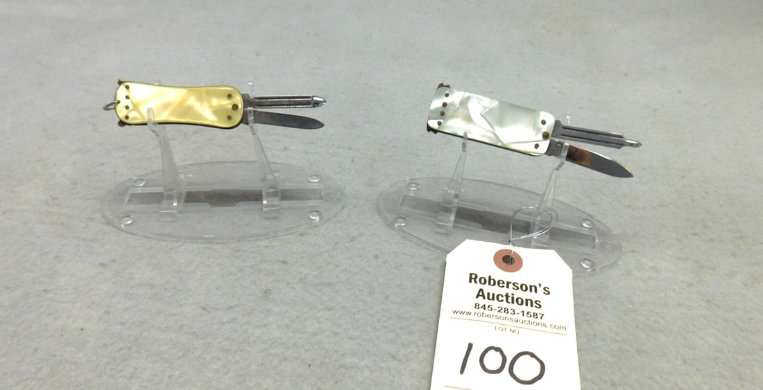 2 - Small Celluloid Automatic Knives: 2 - Small Celluloid Automatic Knives w/ Lobster Pattern, No Cracks in VG Cond., No Cracks, Both 2 3/8"