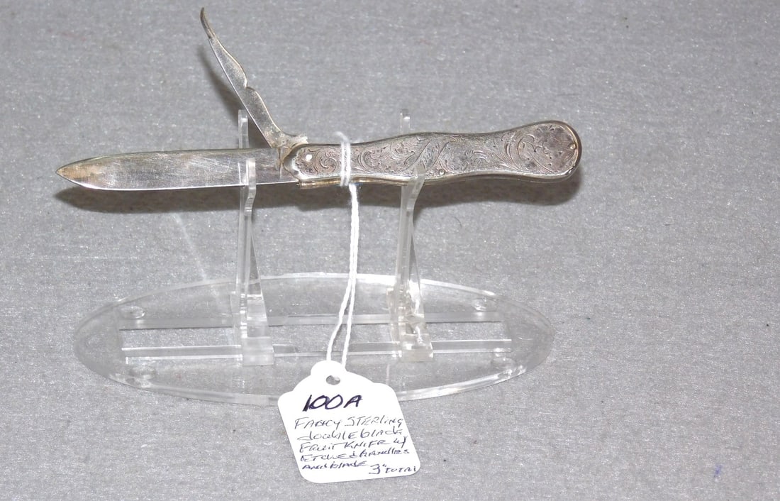 Sterling Double Blade Fruit Knife: Fancy Etched Sterling Double Blade 3" Fruit Knife w/Etched Handles & Blade in GD Cond.