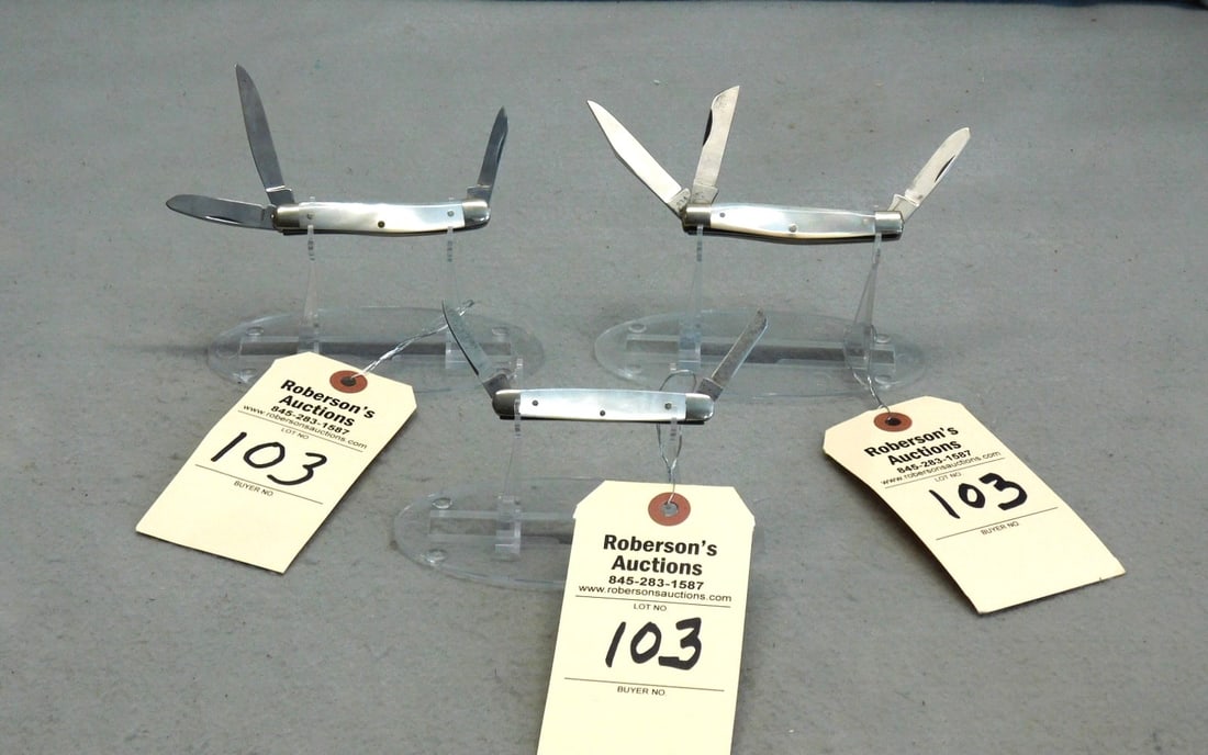 3 - Schrade Walden M.O.P. Knives: 3 - Schrade Walden Mother of Pearl Knives: 1 - 3 Blade Stockman - No Cracks; 1- 3 Blade Stockman w/Sq. Bolsters, No Cracks; 1- 2 Blade w/Small Chip Near Bolsters in VG Cond. - Knive Range from 3 - 3 1