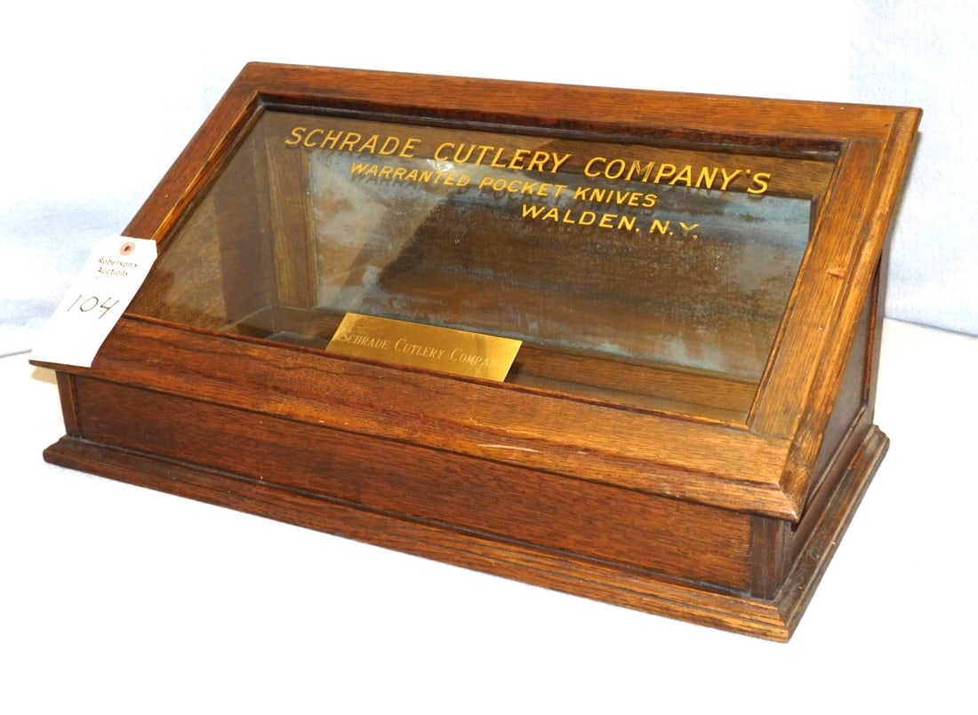 Schrade Cutlery Co. Knife Display Case: Schrade Cutlery Co. Wooden Knife Display Case w/Gold Etched Glass in VG Cond. - Case - 23x12x10 1/2"
