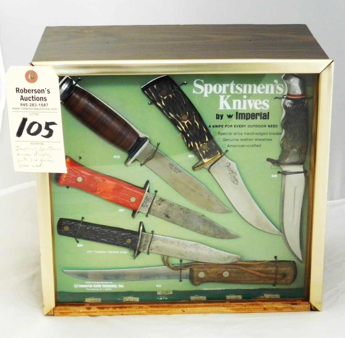 Imperial Store Display - Sportsman Knives: Imperial Store Display for Sportsman Sheath Knives incl. 6 Knives, Some Used in Gd. Cond. - Case - 13x12x7 3/4"