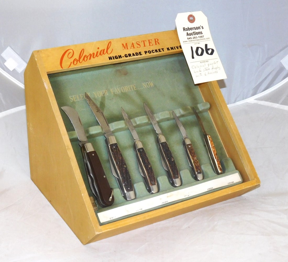 Colonial Master Pocketknives Display Case: Colonial Master Pocketknives Display Case w/6 Knives in Gd. Cond. - 11x9 1/2x10"