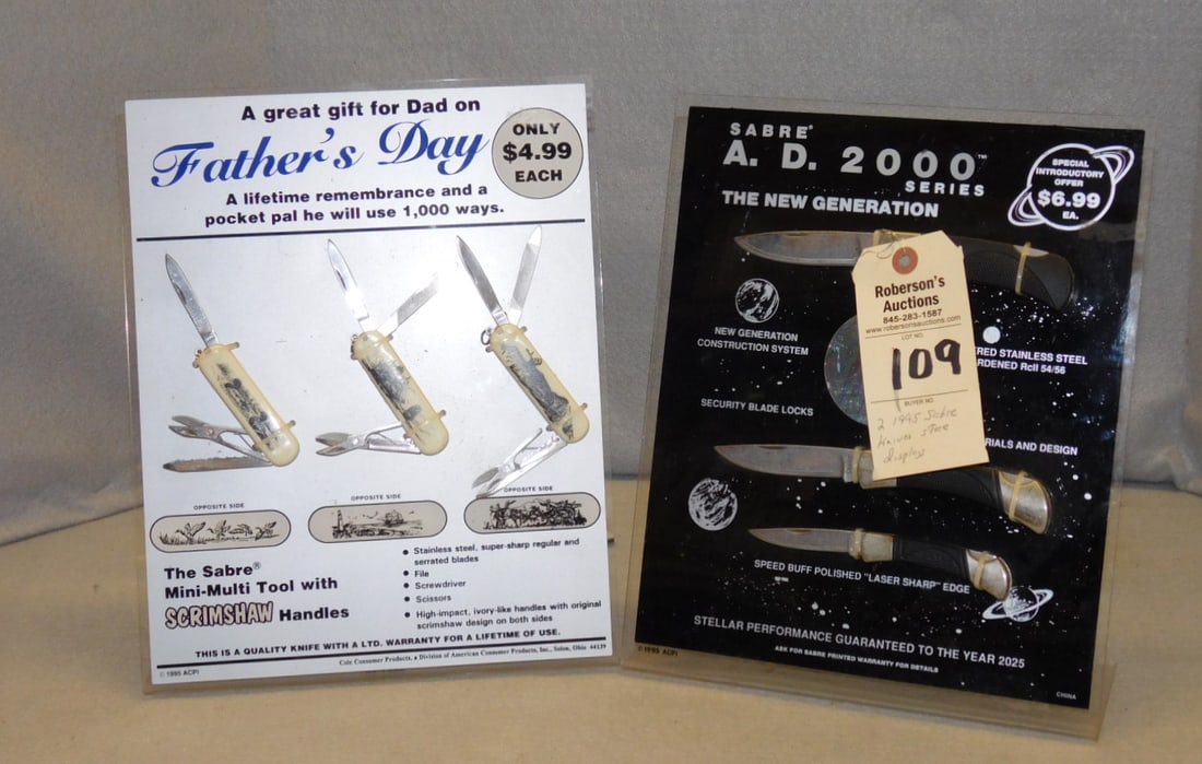 2 Saber Knife Store Displays: 2 - Saber Knife Store Displays, Both 13 x 10 x 4", Knives Range 3 1/8 - 4", VG Condition