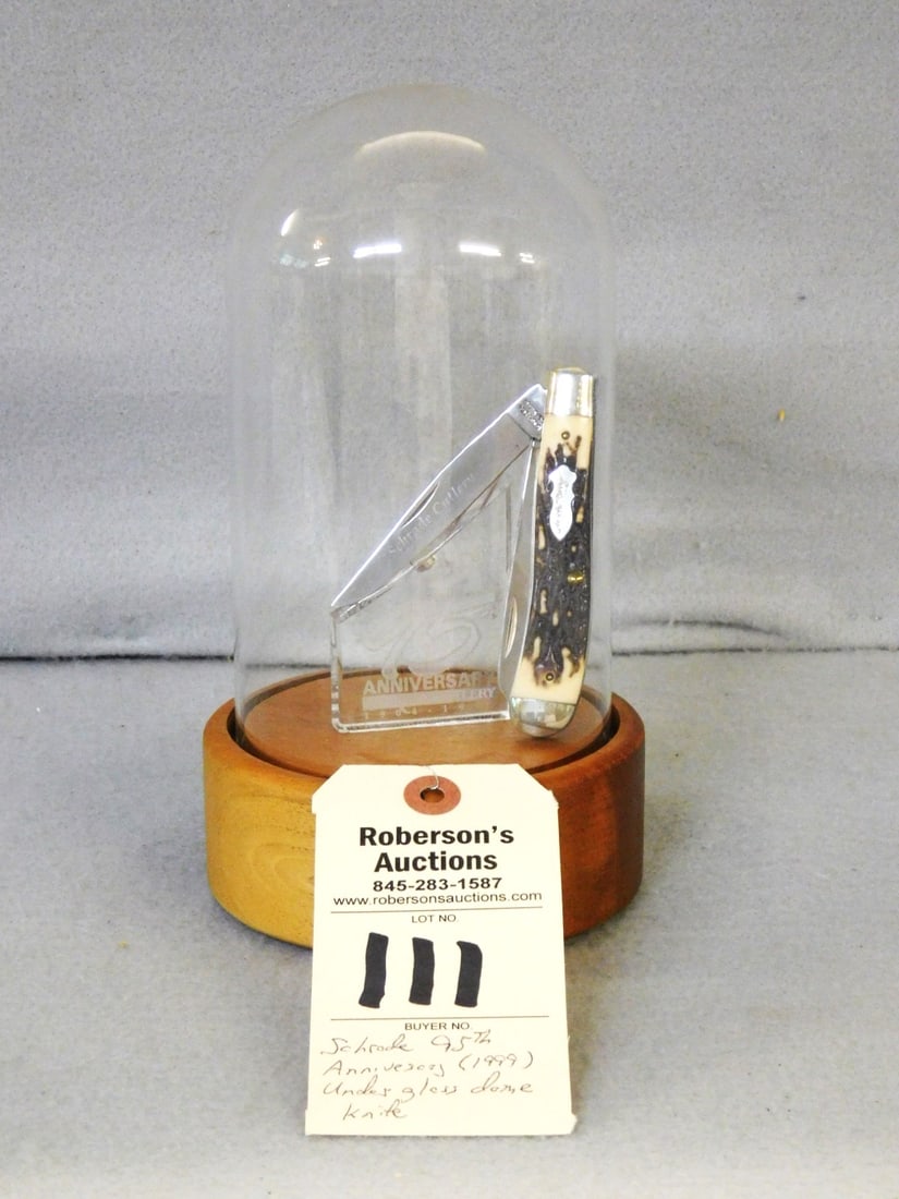 Schrade Anniversary (1999) Knife: Schrade Anniversary (1999) Knife Under Glass Dome in VG Condition, Dome 5" Base x 9" H., Knife 5", VG Condiition