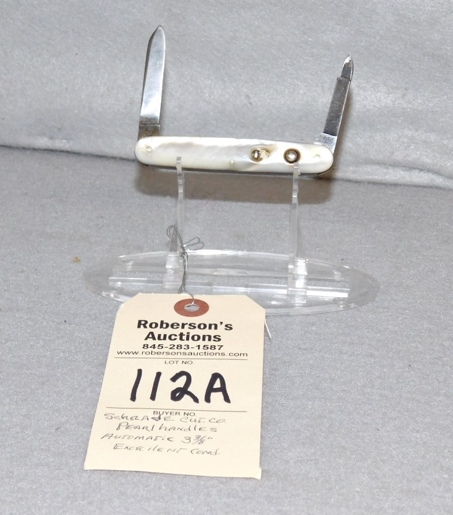 Schrade Cutco MOP Handle Knife: Schrade Cutco Mother of Pearl Handle Automatic Knife w/Double Blades - 3 3/8" in Ex. Cond.