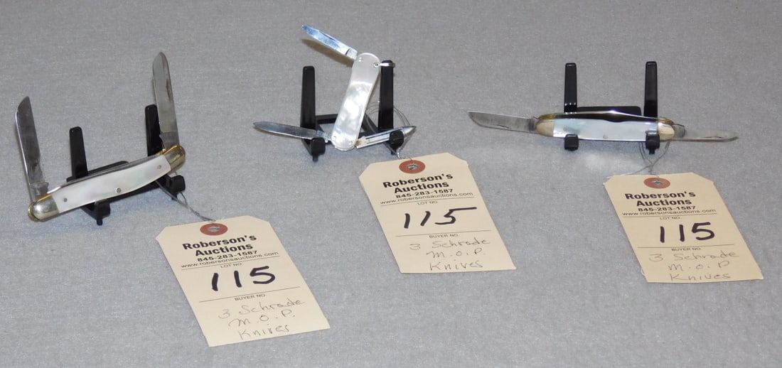 3 - Schrade Walden M.O.P. Knives: 3 - Schrade Walden Mother of Pearl Knives: 1 - Schrade Stockman, 3 5/8", No Cracks; 1 - Schrade Walden Senator 3 Blade, 2 1/4", No Cracks; 1 - Schrade Walden Lobster, 2 1/8", No Cracks; All in VG Cond
