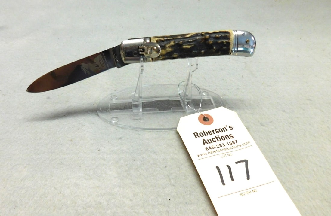 KSSK Inox Germany Lever Lock Knife: KSSK Inox Germany Lever Lock Springer Automatic Knife, 4 1/2" Closed, Fires Well, Etched Blade, No Cracks, Stag Handles, VG Condition