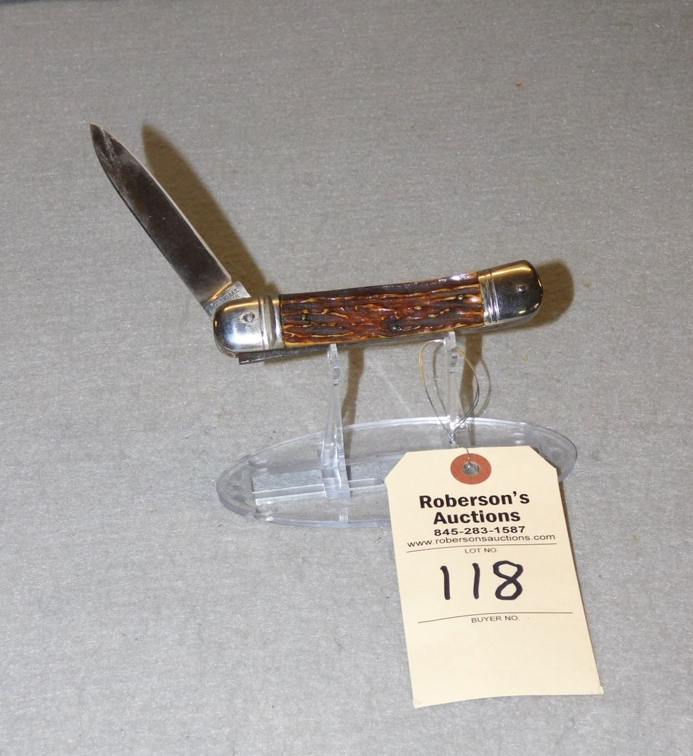 Robert Klaas Lever Lock Knife: Robert Klaas Lever Lock Springer Automatic Knife, 4 1/2" Closed, Fires Well, No Cracks, Stag Handles, VG Condition