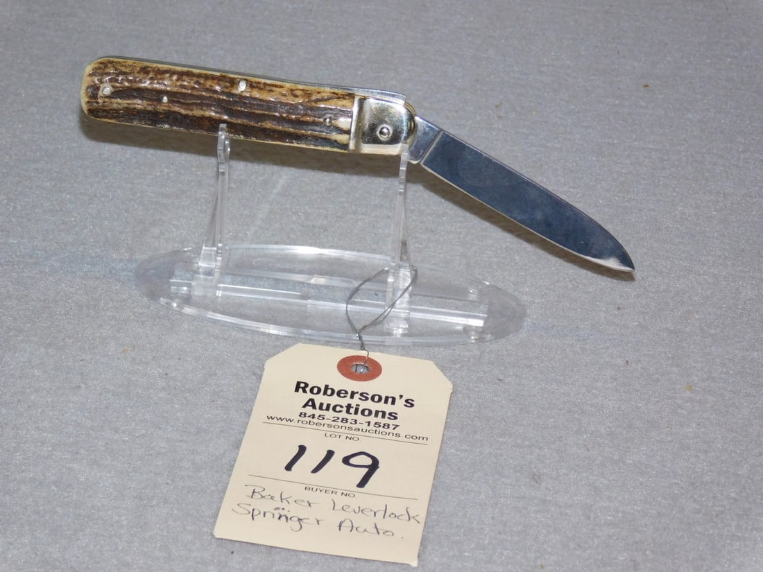 Boker Lever Lock Knife: Boker Lever Lock Springer Automatic Knife, 4 1/2" Closed, Fires Well, No Cracks, Etched Blade, Stag Handles, VG Condition