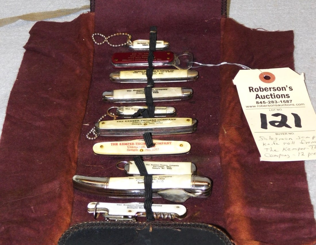 Salesman Sample Roll - Kemper Thomas: Salesman Sample Knife Roll - Kemper Thomas Co.: 12 Knives in Gd. Cond. - Range in Sz. 1 1/2-4 1/4" - Rolled Up Case Measures 5x3x2"