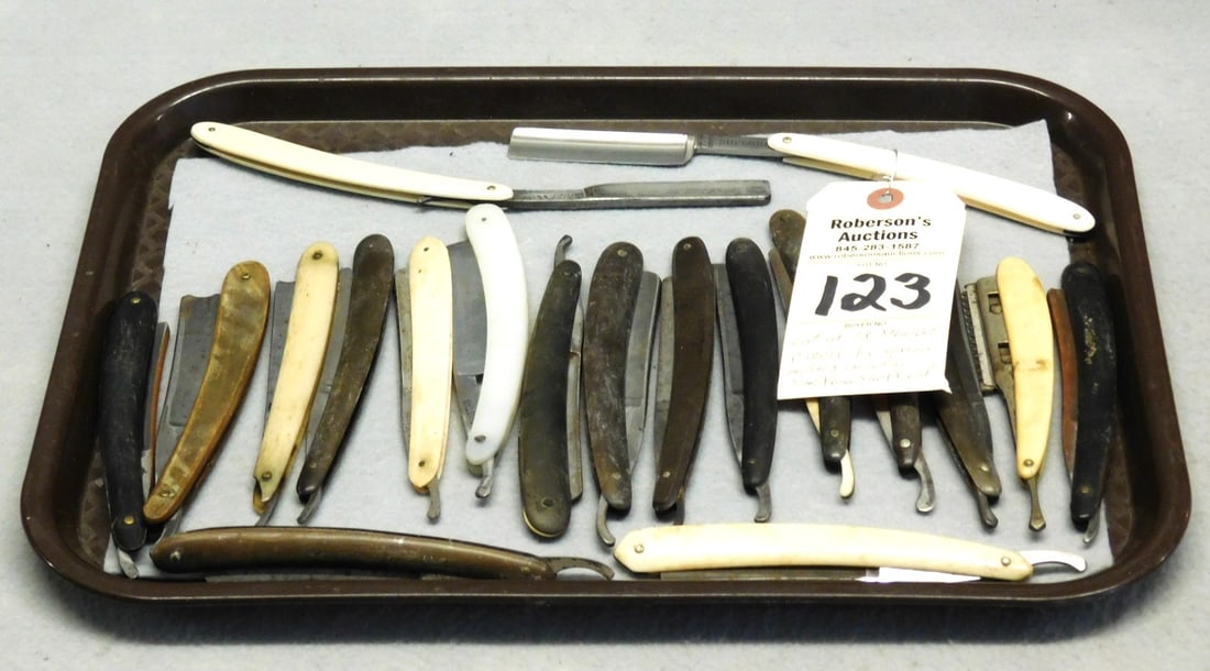 Lot of 18 Straight Razors: Lot of 18 Straight Razors by Various Makers including some from Sheffield, 6 1/2" each, Gd. Condition