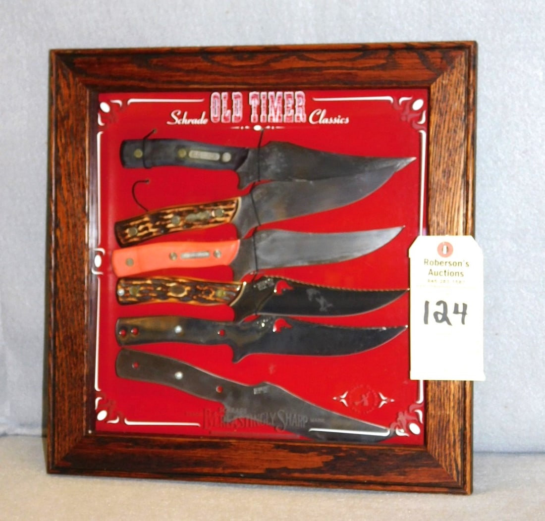 Schrade Old Timer's Knives Display: Schrade Old Timer's Sheath Knife Display of 6 Knives: 4 Complete w/Handles incl. 1 - Schrade Walden, (2 without Handles) Case measures - 15 x 15 x 2", Knives - 10 1/2" in VG Cond.