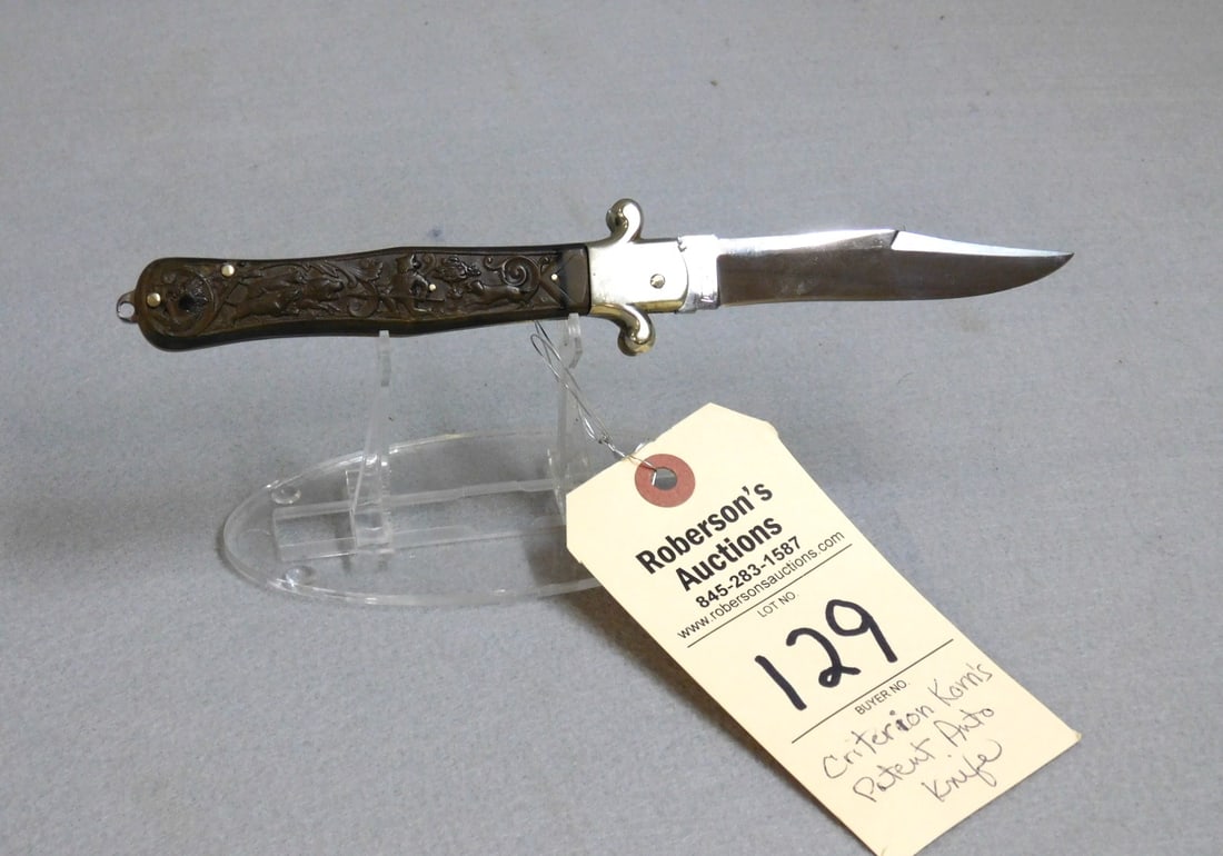 Criterion Korn's Patent Auto. Knife: Criterion Korn's Patent Automatic Knife w/Gutta Percha Handles, No Cracks, 5", Fires and Locks Up Well, VG Cond.
