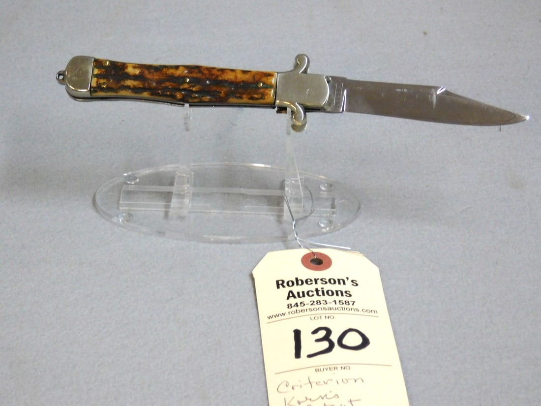 Criterion Korn's Patent Auto. Knife: Criterion Korn's Patent Automatic Knife, Stag Handles, No Cracks, 5 1/8", Some Peels and Bolster Mechanism is Loose, Gd. Cond.
