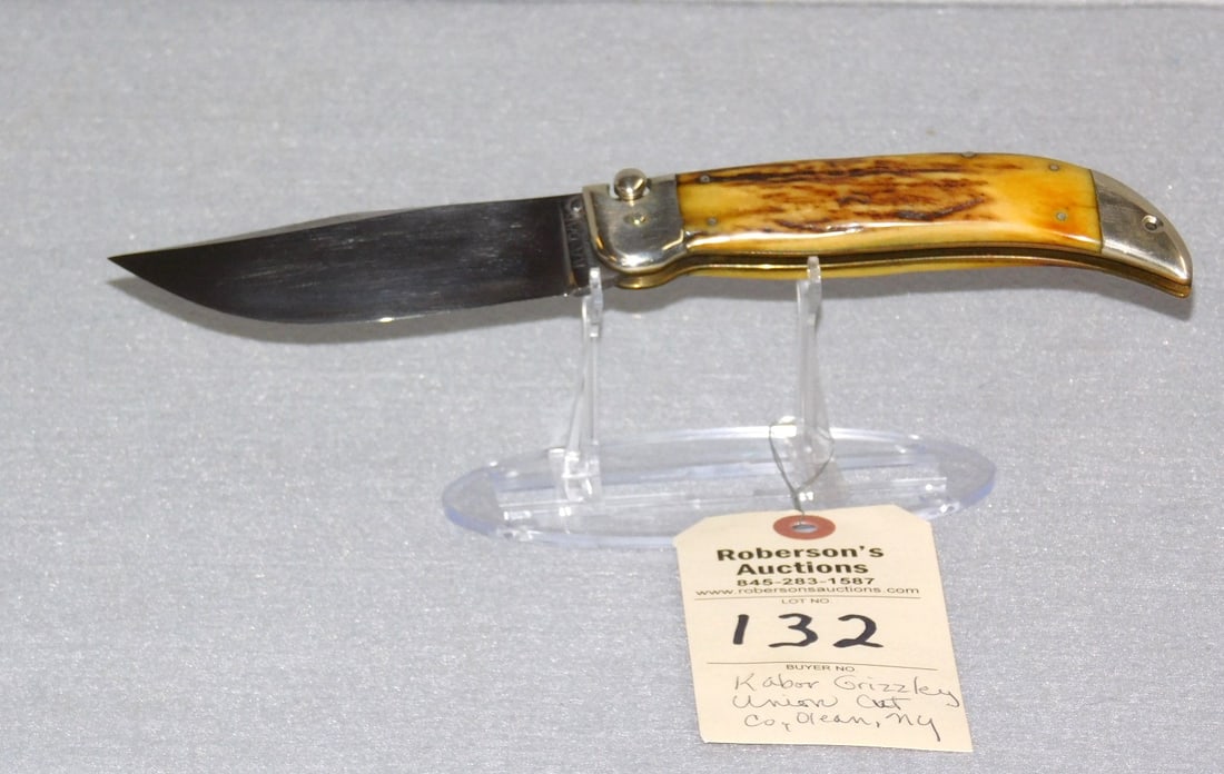 Ka-bar Grizzly Union Cutco Knife: Ka-bar Grizzly Union Cutco Knife, Olean NY, Pat. Feb 5, 1929, 5 3/8" Closed, Stag Handles, One Tight Center Pin Crack, Slight Wobble When Open, VG Condition