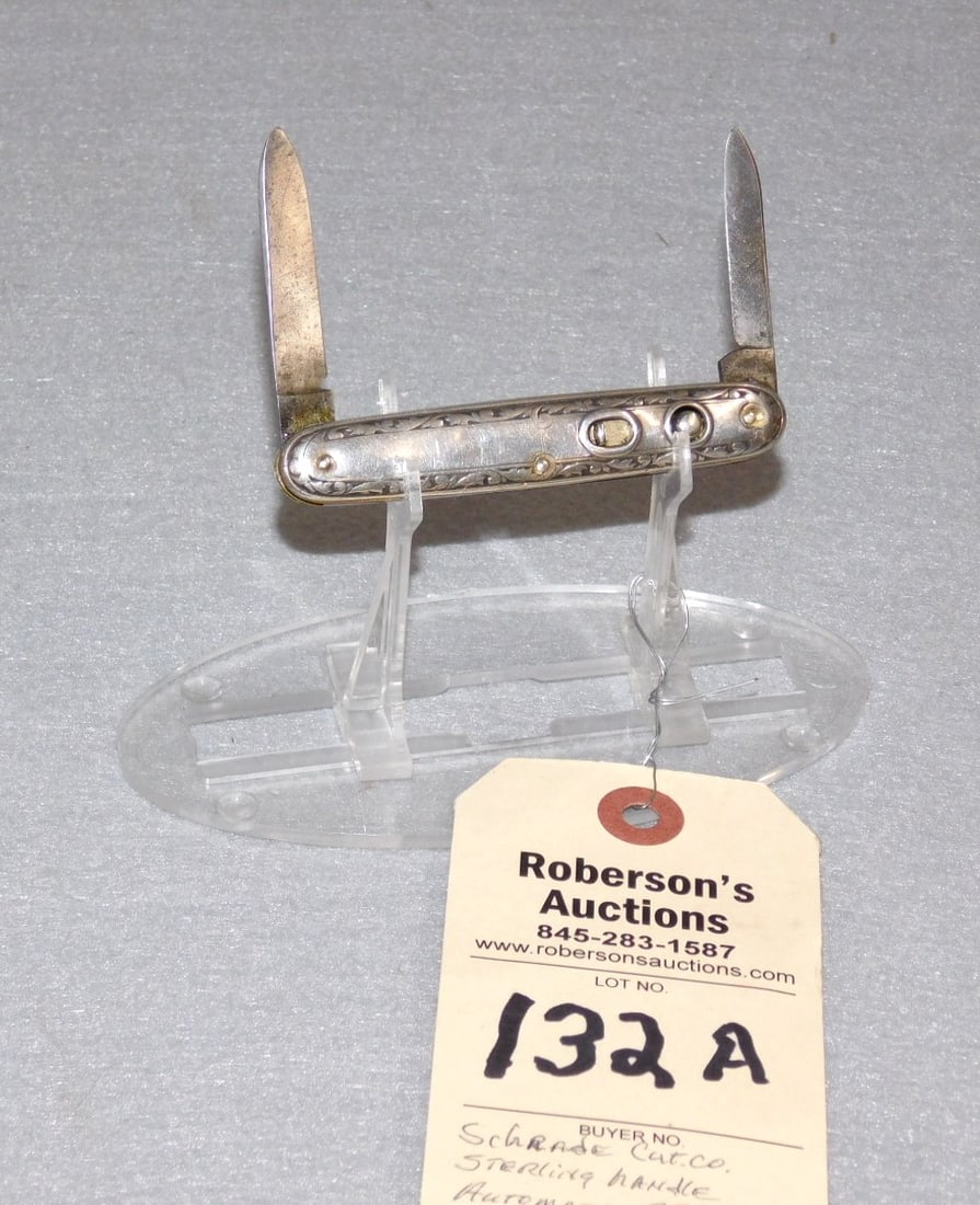 Schrade Cutco. Sterling Handle Knife: Schrade Cutco Sterling Handle Automatic Knife w/Double Blade - 3 3/8" in GD Cond.