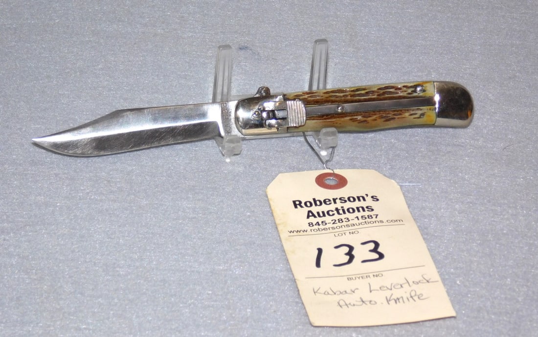 Ka-bar Lever Lock Knife: Ka-bar Lever Lock Knife, 4 1/2",Automatic, Stag Handles, No Cracks, Fires Well, No Wobble, VG Cond.