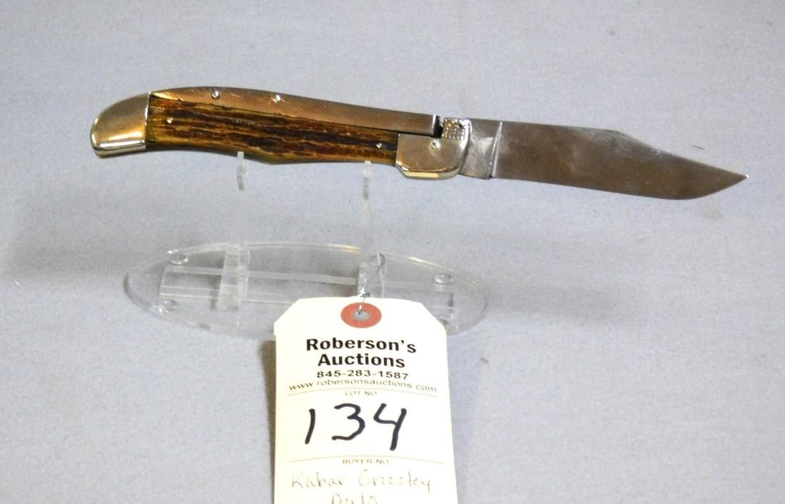 Ka-bar Grizzly Automatic Knife: Ka-bar Grizzly Automatic Knife, 5 1/4" Closed, Bone Handles, One Center Pin Crack, Very Slight Wobble, VG Cond.