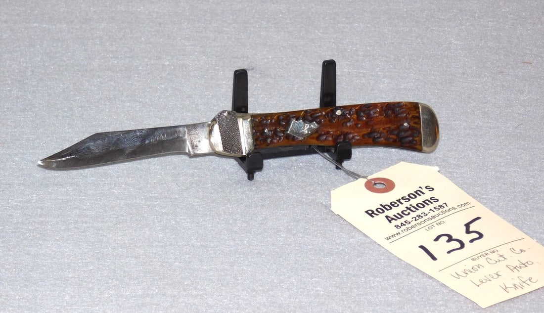 Union CutCo Lever Automatic Knife: Union CutCo Lever Automatic Knife, Pat. October 23rd 1916, 4 1/2", Jig Bone Handles, No Cracks, Dog Head, Fires Well, No Wobble, Gd. Cond.