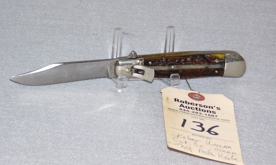Ka-bar Union CutCo Knife: Ka-bar Union CutCo Leverlock Automatic Knife, Olean NY - 4 1/2", Stag Handles, Two Tight Pin Cracks on Pile Side, Fires Well, Slight Wobble, VG Cond.