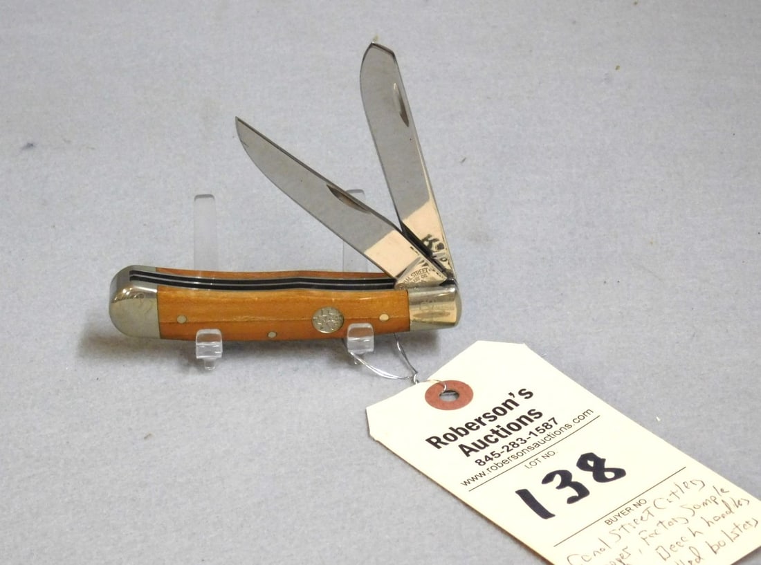 Canal St. Cut.Trapper Factory Knife: 1 Canal St. Cut. Trapper Factory Sample Knife w/ Beech Handles and Scrolled Bolsters, 4 1/4", VG Cond.