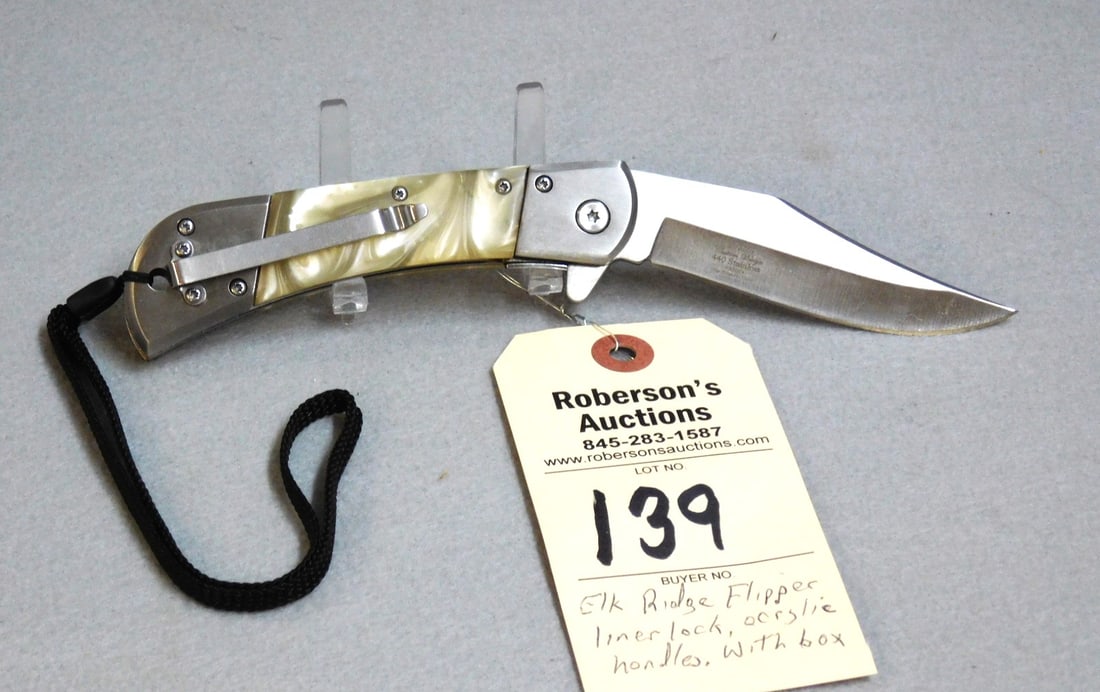 Elk Ridge Flipper Liner Lock Knife: 1 Elk Ridge Flipper Liner Lock Knife, Acrylic Handles, Original Box, Knife 4 3/4", Case 5 1/2 x 1 3/4 x 1", VG Cond.