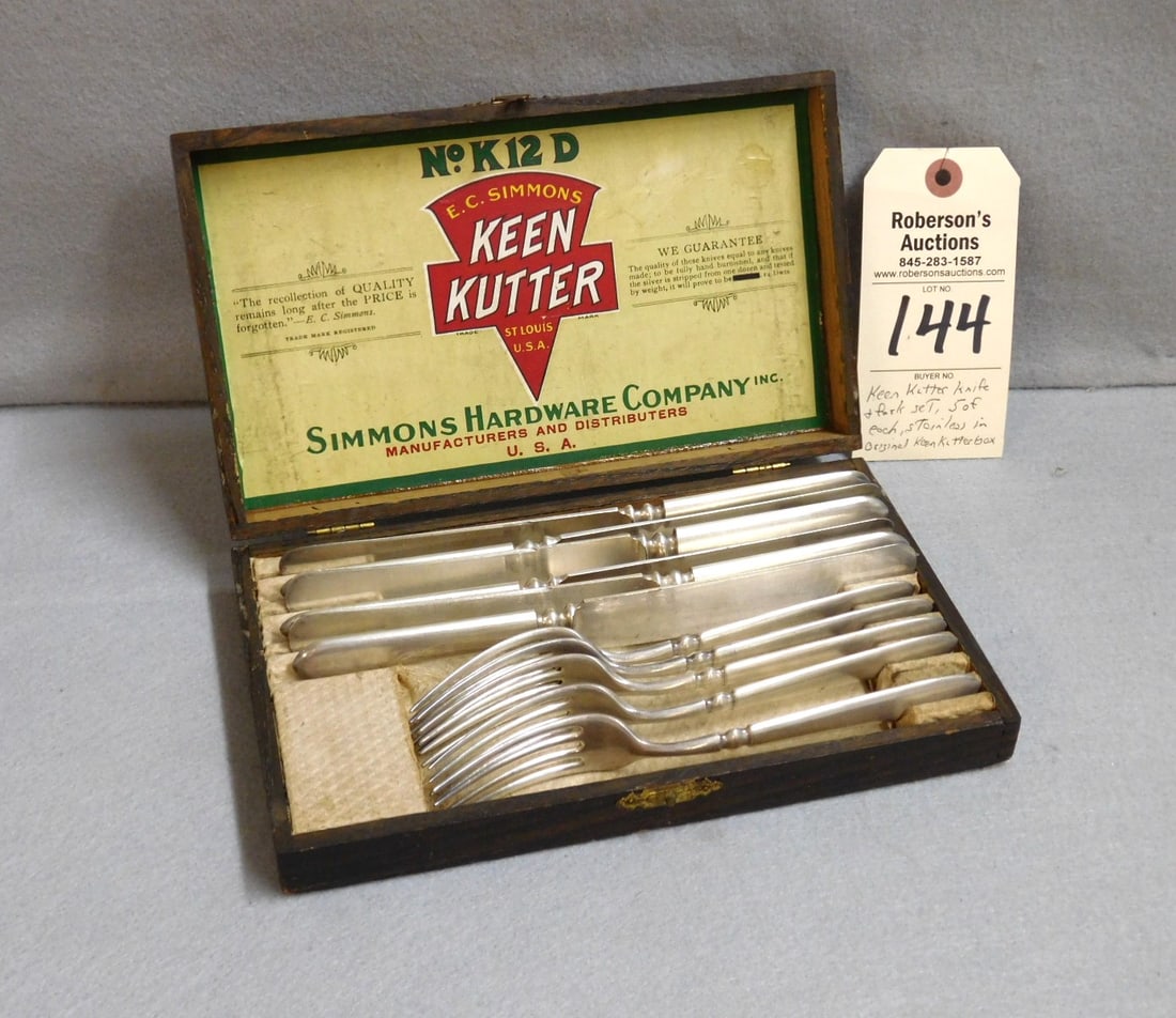 Keen Kutter Fork & Knife Set: Keen Kutter Fork & Knife Set, 11 Pcs. in Original Keen Kutter Box, Case - 9 1/4 x 5 1/2 x 2", Forks 7", Knives 8 1/2", Gd. Cond. - Missing 1 Fork