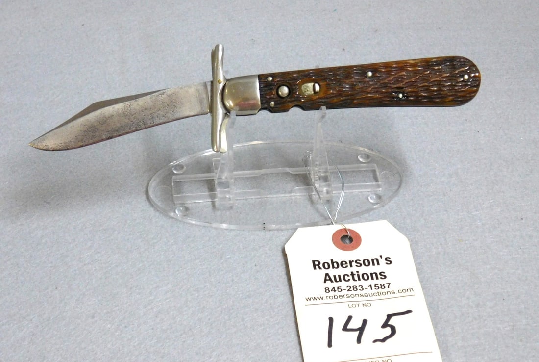Shapleigh Co. Hunter's Pride Knife: Shapleigh Hardware Co. Hunter's Pride Automatic Knife Made by Shrade Cutco, Peachseed Bone Handles, No Cracks, Fires Well, Slight Wobble, Some Pitting on Blade, 4 7/8" in VG Cond.