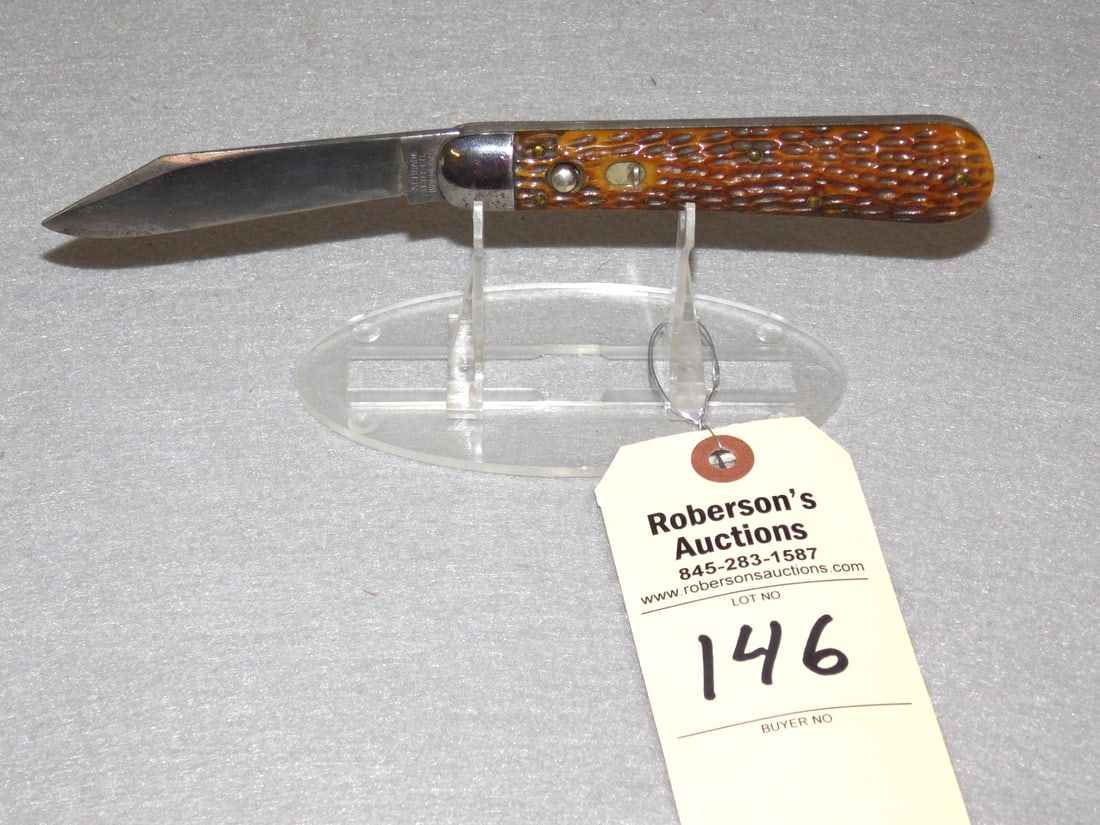Schrade Cutco Co. Lg. Auto.Knife: Schrade Cutco Lg. Automatic 4 7/8 Colored Jig Bone Handles, 2 Tight Pin Cracks at Bolster on Pile Side, Fires Well, Slight Wobble, Some Pitting on Blade in Gd. Cond.