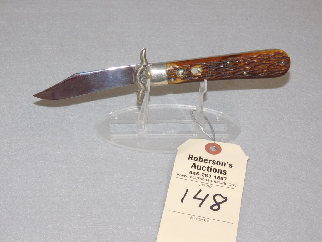 Presto Lazy W Swing Guard Auto. Knife: Presto Lazy W Swing Guard Automatic Knife - 5'" w/Jig Bone Handles, No Cracks, Fires Well, No Wobble in Gd. Cond.