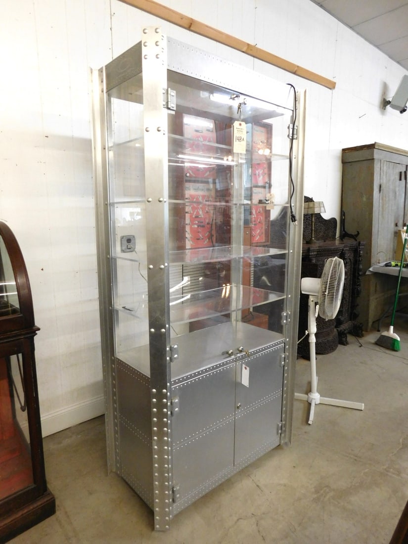 Industrial Aluminum Standing Showcase: Unique Industrial Aluminum Standing Showcase, Double Doors w/Storage on Bottom 4 Shelves, Lighted 6' x 3' x 18" in VG Cond. w/Keys