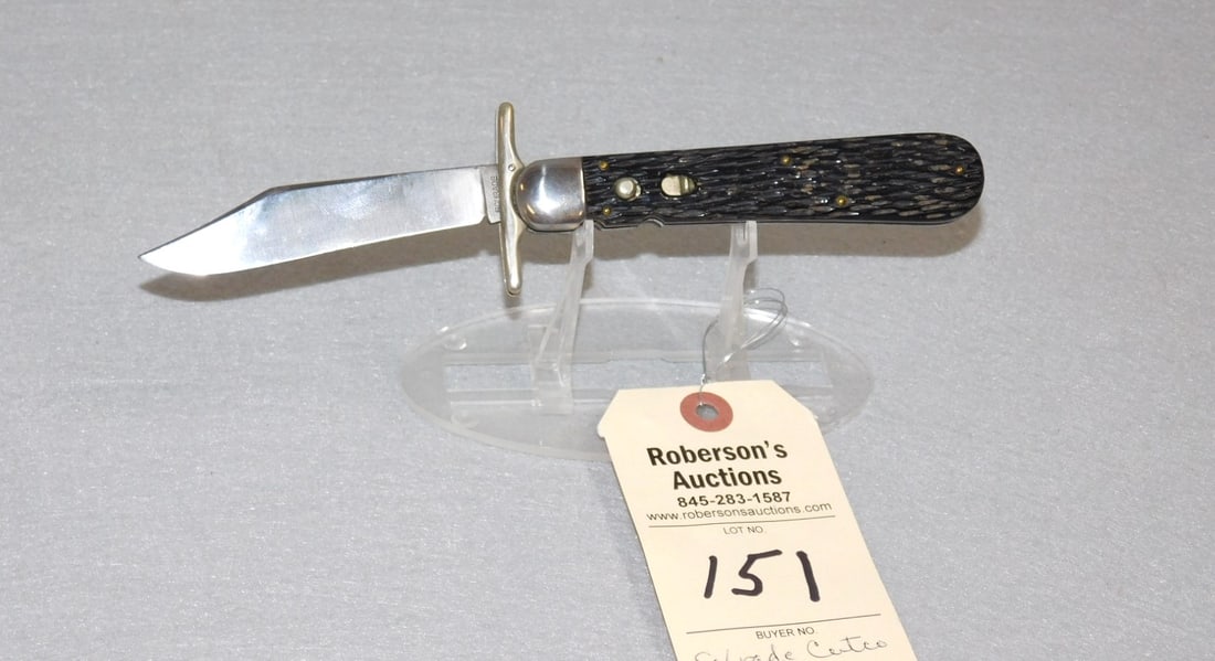 Schrade Cutco Hunter's Pride Auto. Knife: Schrade Cutco Hunter's Pride Automatic Knife w/Swing Guard - 4 7/8". Black Plastic Handles, No Cracks, Full Blade, Fires Well, No Wobble in VG Cond.